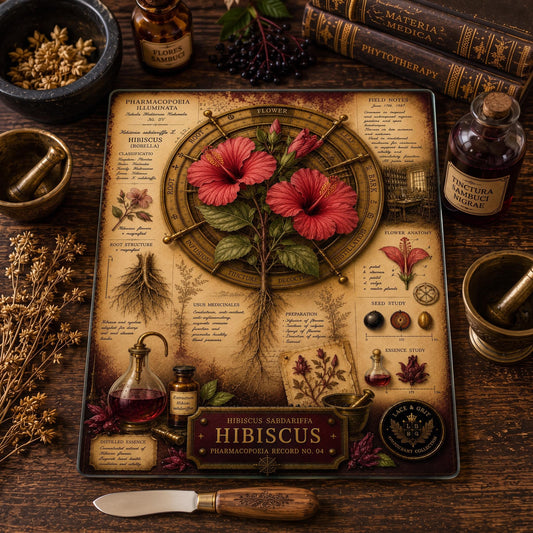 Hibiscus Tempered Glass Art Board, Apothecary Charcuterie Board, Herbalist Gift