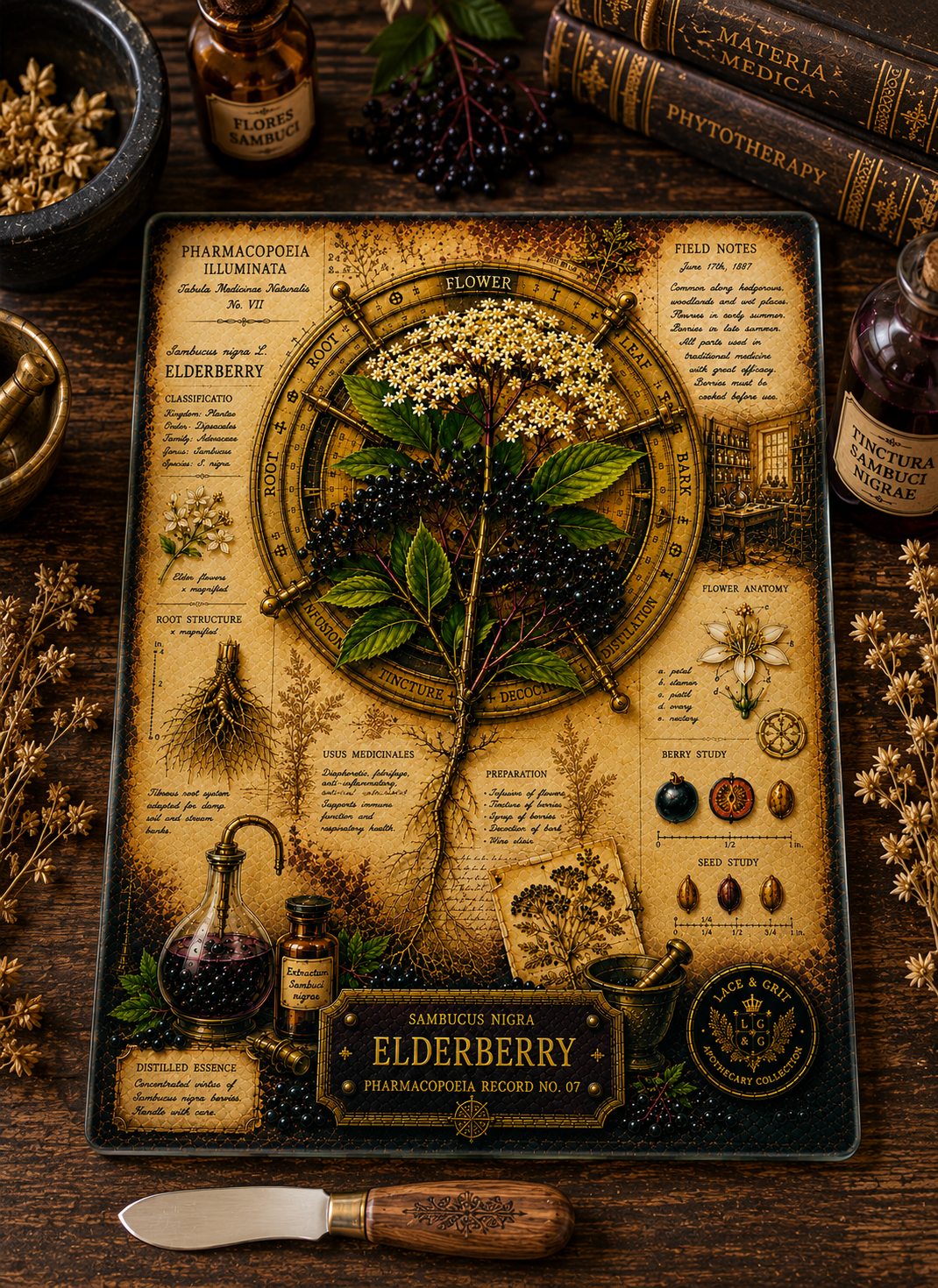 Elderberry Tempered Glass Art Board, Apothecary Charcuterie Board, Herbalist Gift