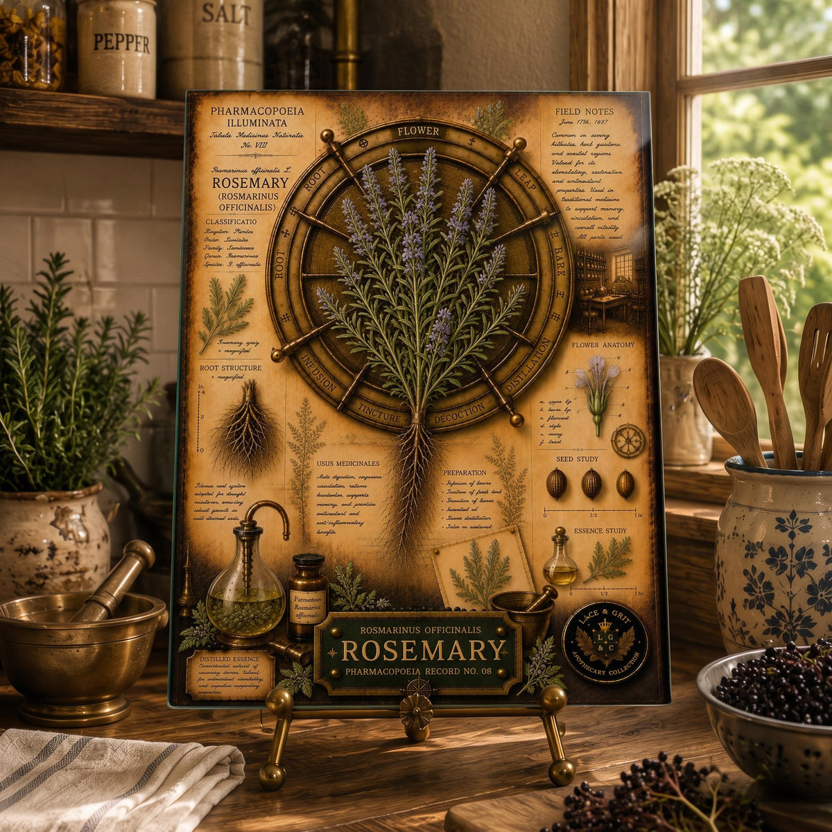 Rosemary Tempered Glass Art Board, Apothecary Charcuterie Board, Herbalist Gift