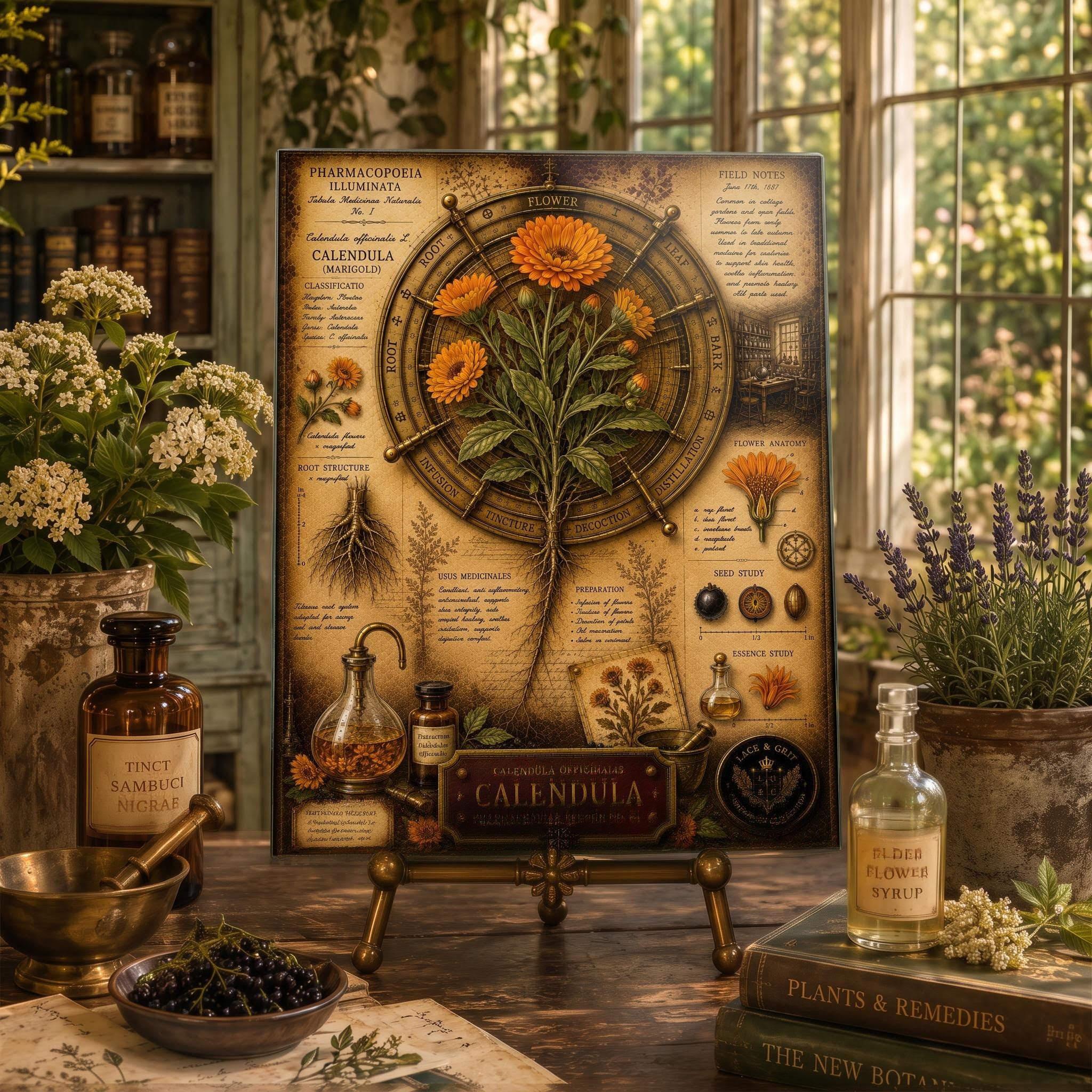 Bee Balm Monarda Didyma vintage apothecary tempered glass charcuterie board and serving platter