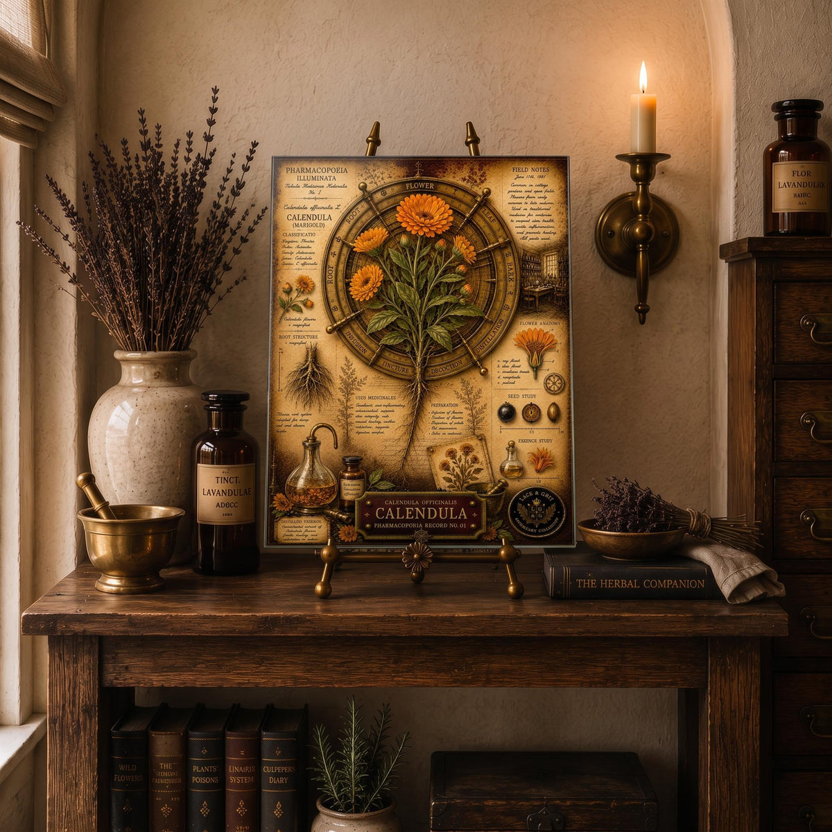 Calendula Tempered Glass Art Board, Apothecary Charcuterie Board, Herbalist Gift
