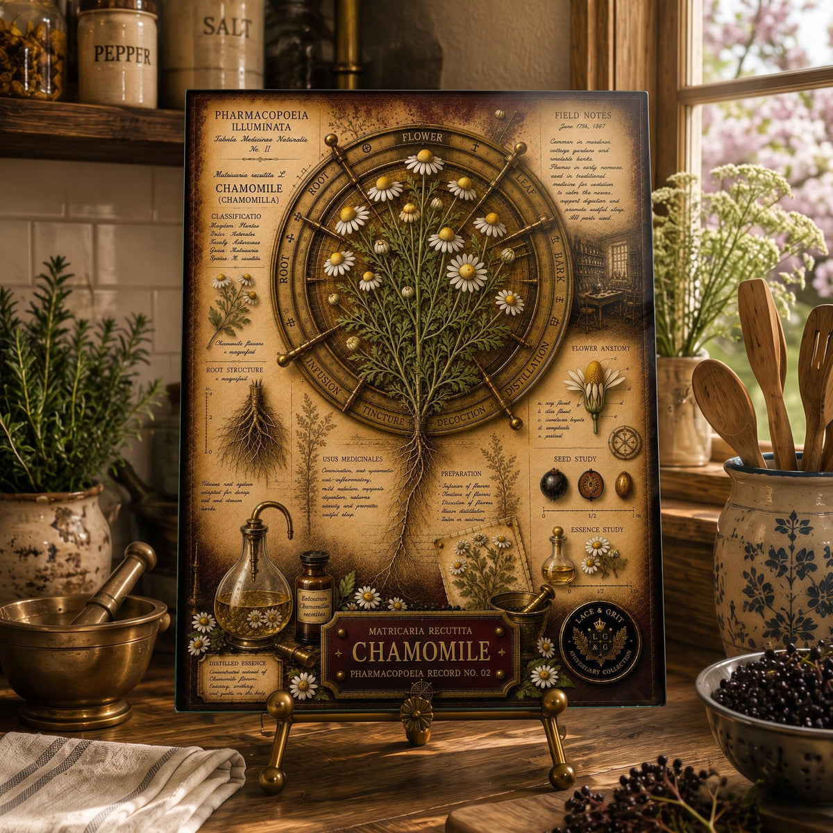 Chamomile Tempered Glass Art Board, Apothecary Charcuterie Board, Herbalist Gift
