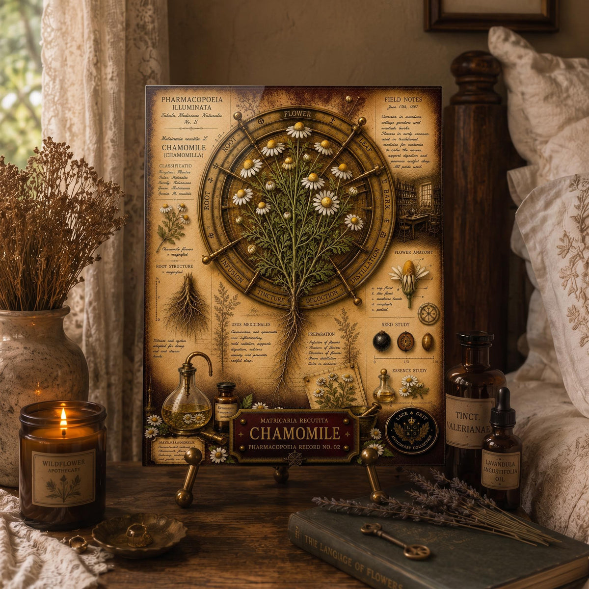 Chamomile Tempered Glass Art Board, Apothecary Charcuterie Board, Herbalist Gift