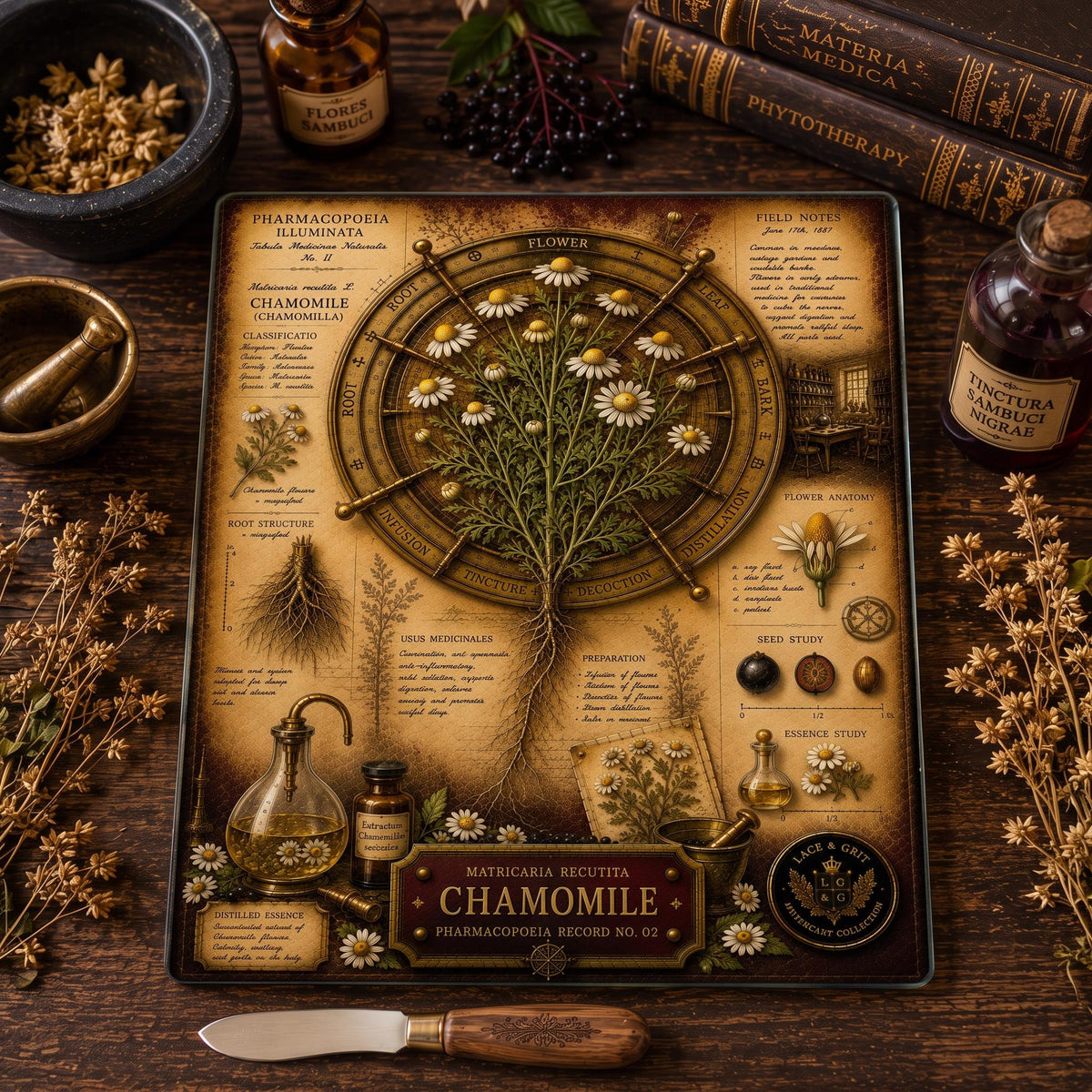 Chamomile Tempered Glass Art Board, Apothecary Charcuterie Board, Herbalist Gift