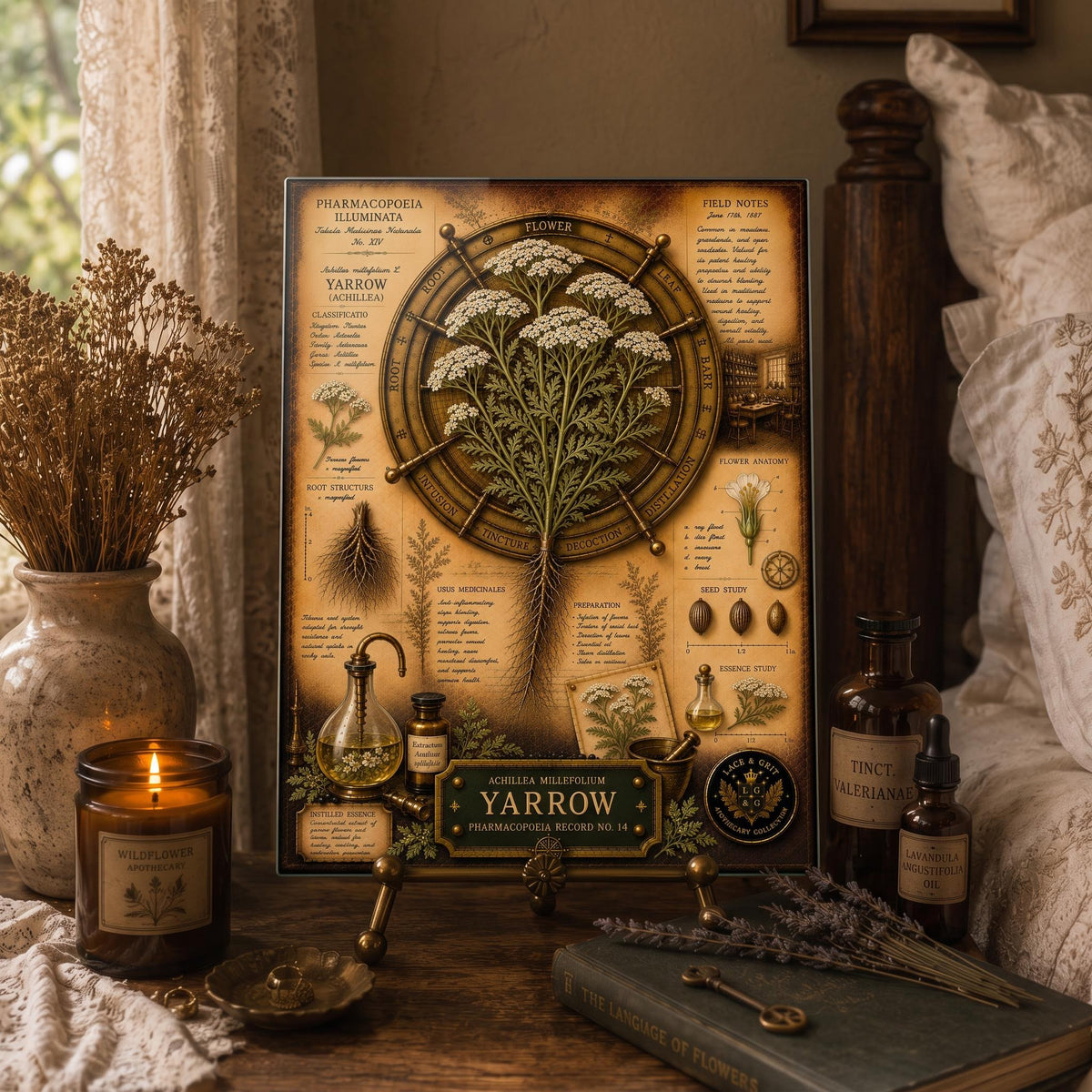 Yarrow Tempered Glass Art Board, Apothecary Charcuterie Board, Herbalist Gift