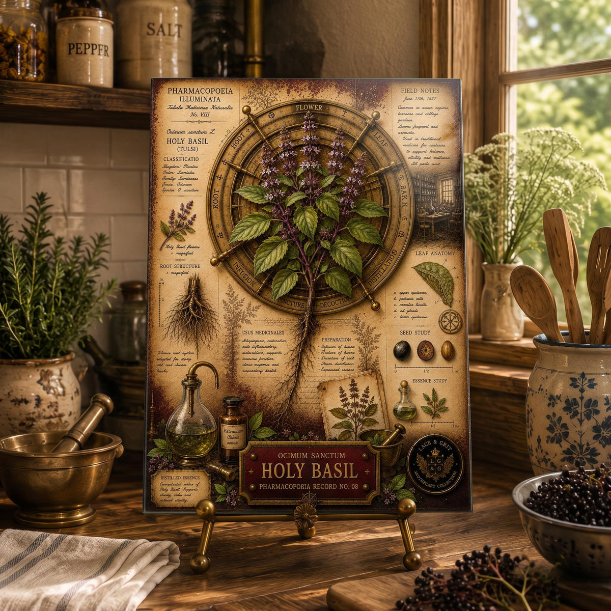 Holy Basil Tempered Glass Art Board, Apothecary Charcuterie Board, Herbalist Gift