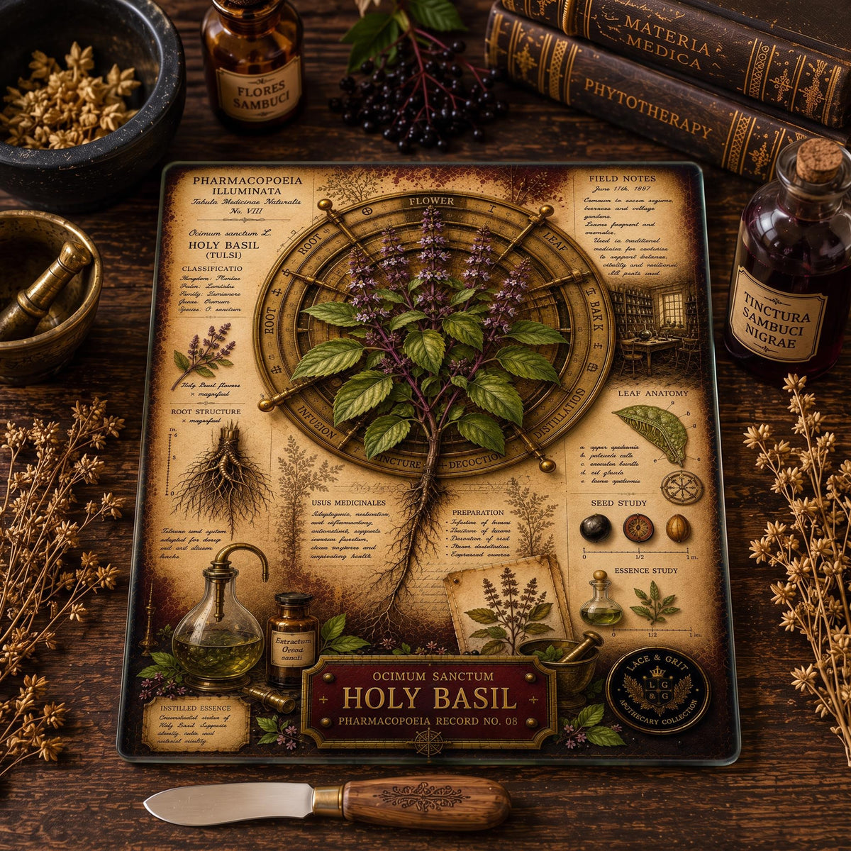 Holy Basil Tempered Glass Art Board, Apothecary Charcuterie Board, Herbalist Gift