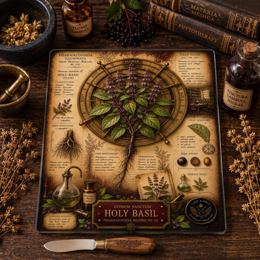 Holy Basil Tempered Glass Art Board, Apothecary Charcuterie Board, Herbalist Gift