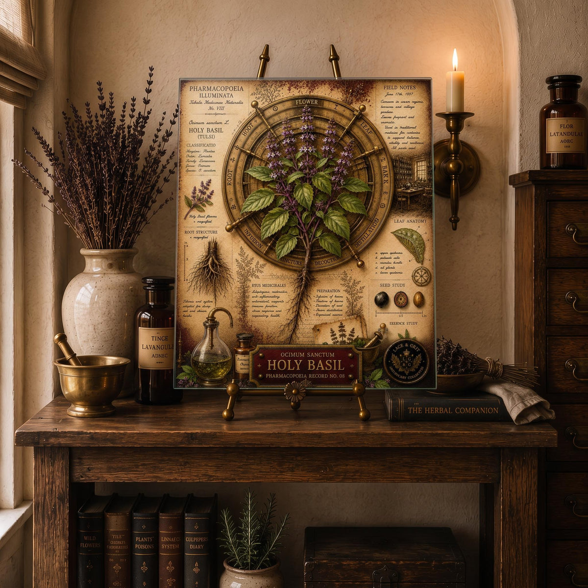 Holy Basil Tempered Glass Art Board, Apothecary Charcuterie Board, Herbalist Gift