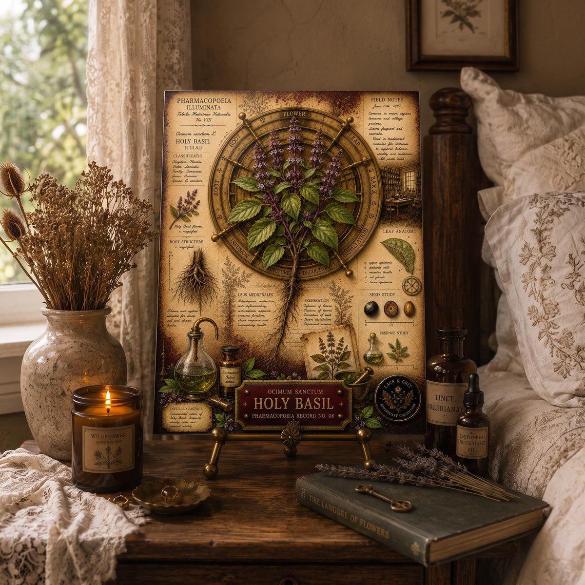 Holy Basil Tempered Glass Art Board, Apothecary Charcuterie Board, Herbalist Gift