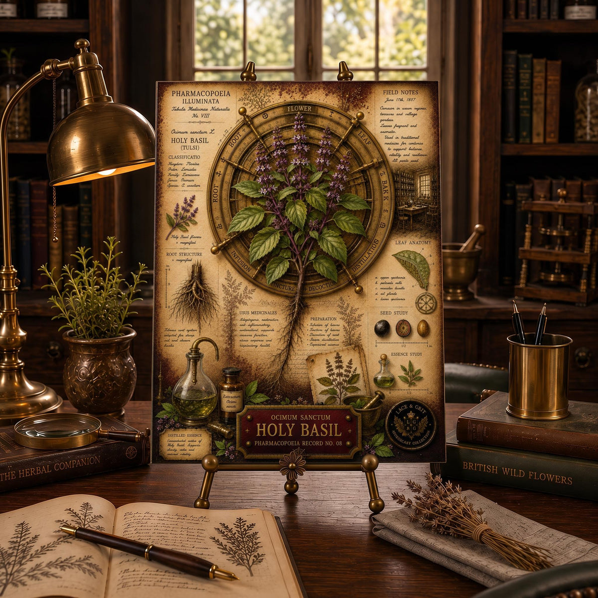 Holy Basil Tempered Glass Art Board, Apothecary Charcuterie Board, Herbalist Gift