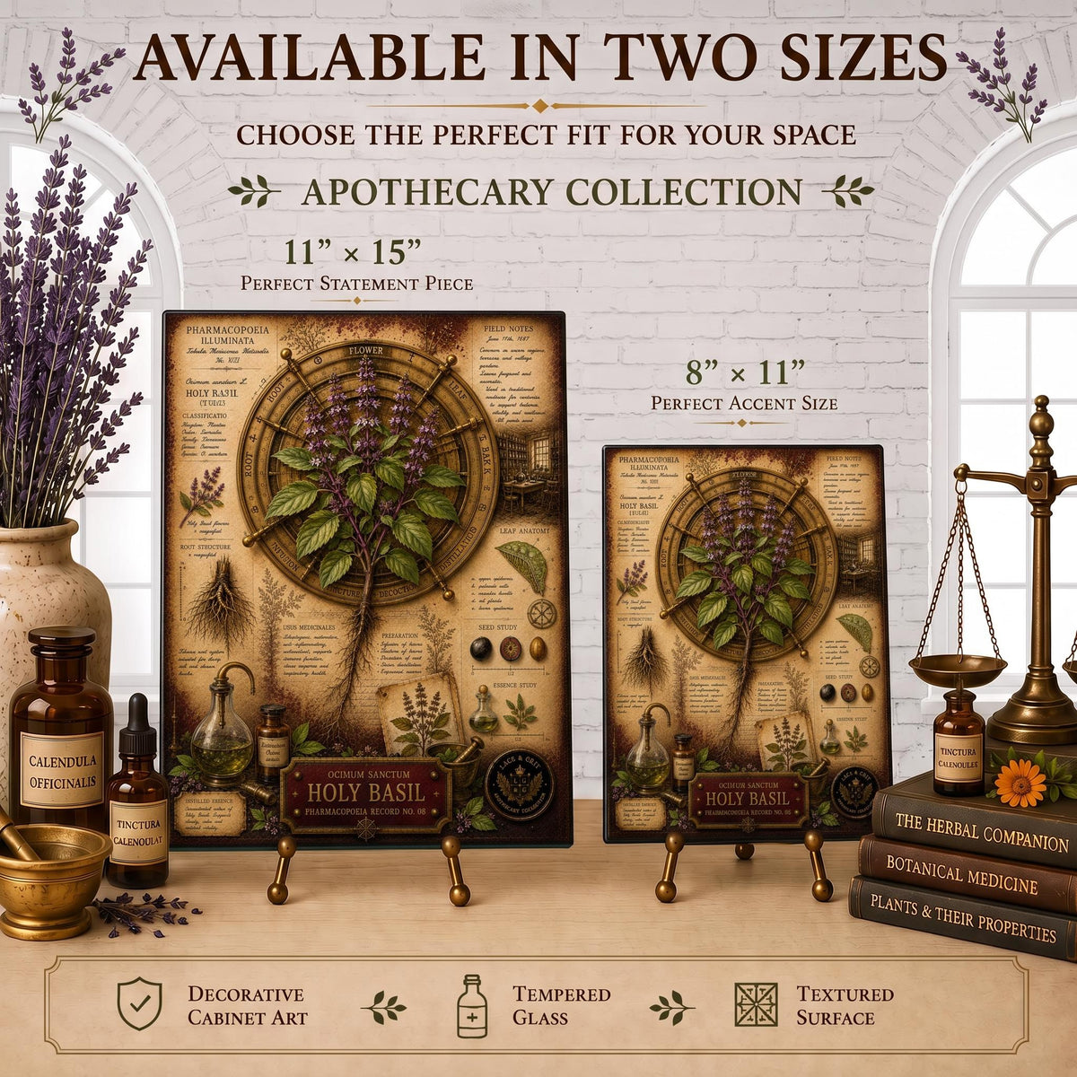 Holy Basil Tempered Glass Art Board, Apothecary Charcuterie Board, Herbalist Gift