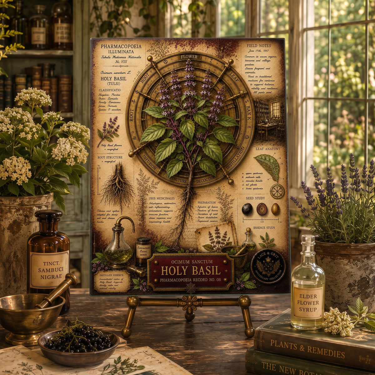 Holy Basil Tempered Glass Art Board, Apothecary Charcuterie Board, Herbalist Gift