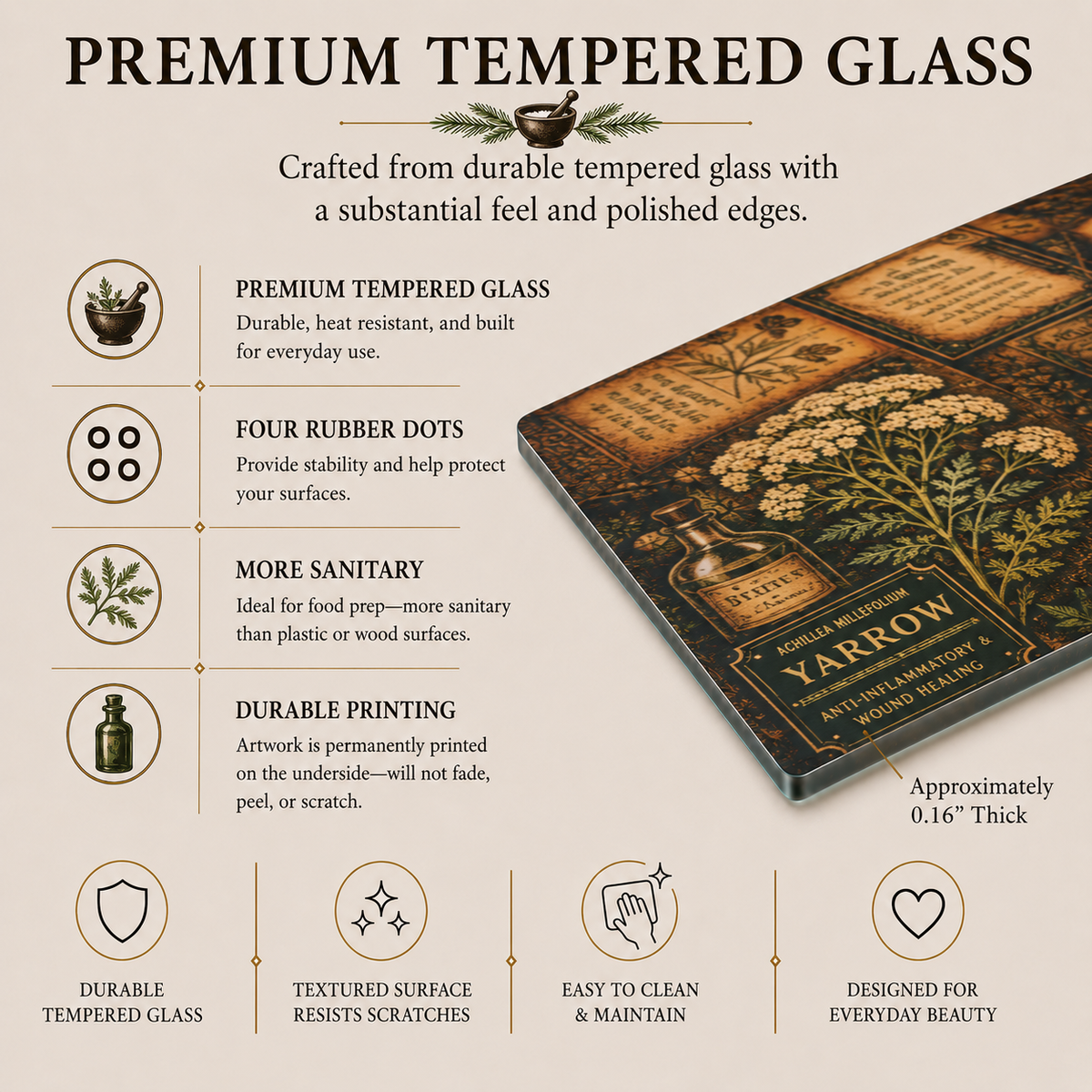 Holy Basil Tempered Glass Art Board, Apothecary Charcuterie Board, Herbalist Gift