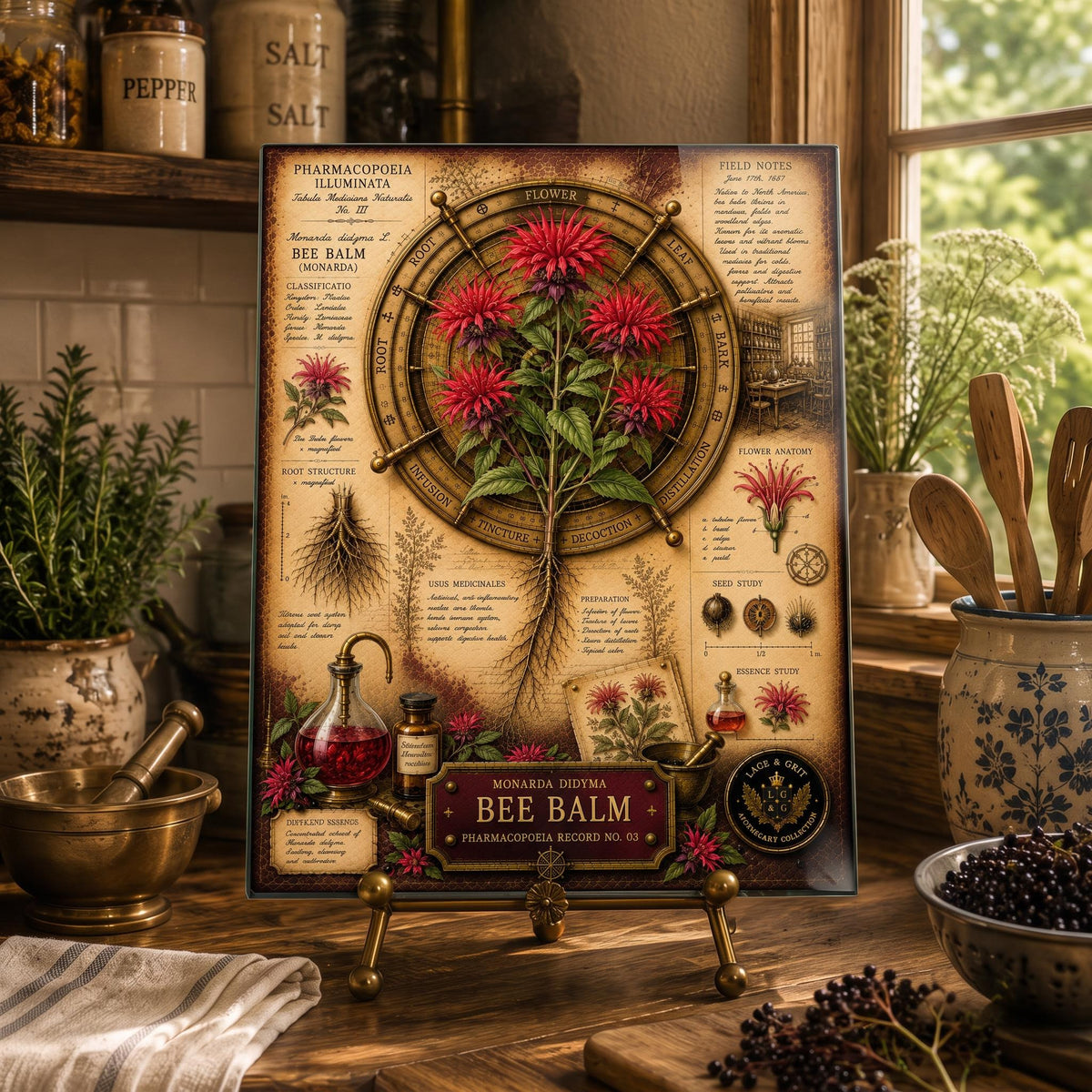 Bee Balm Tempered Glass Art Board, Apothecary Charcuterie Board, Herbalist Gift