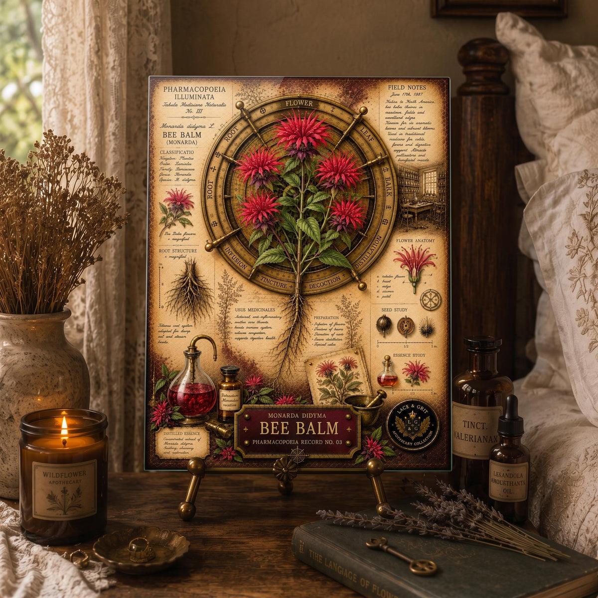 Bee Balm Tempered Glass Art Board, Apothecary Charcuterie Board, Herbalist Gift