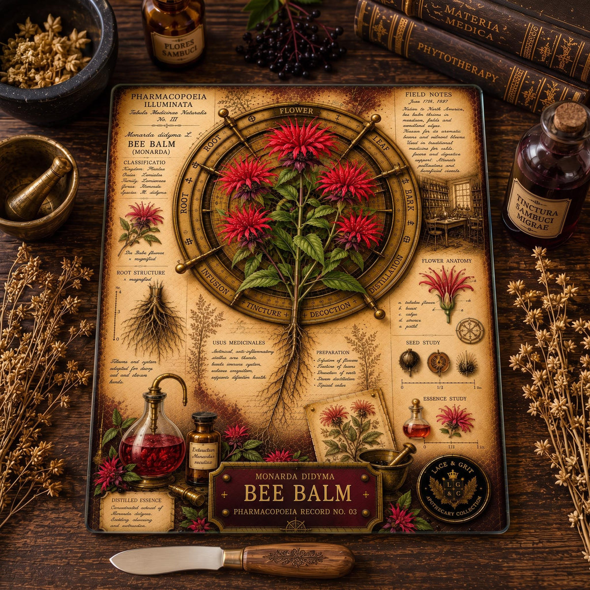 Bee Balm Tempered Glass Art Board, Apothecary Charcuterie Board, Herbalist Gift