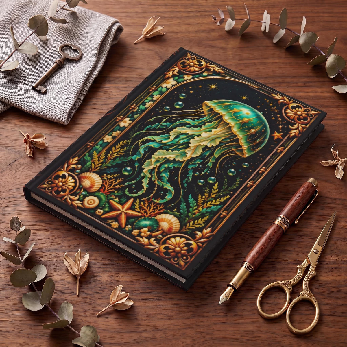 Jellyfish Hardcover Journal, Personalized Ocean Notebook, Enchanted Marine Gift