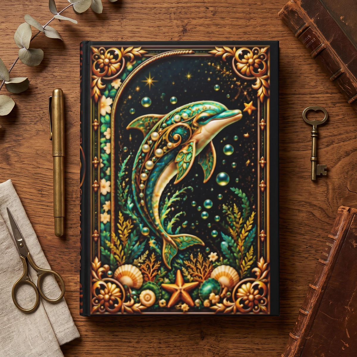 Dolphin Hardcover Journal, Personalized Ocean Notebook, Enchanted Marine Gift