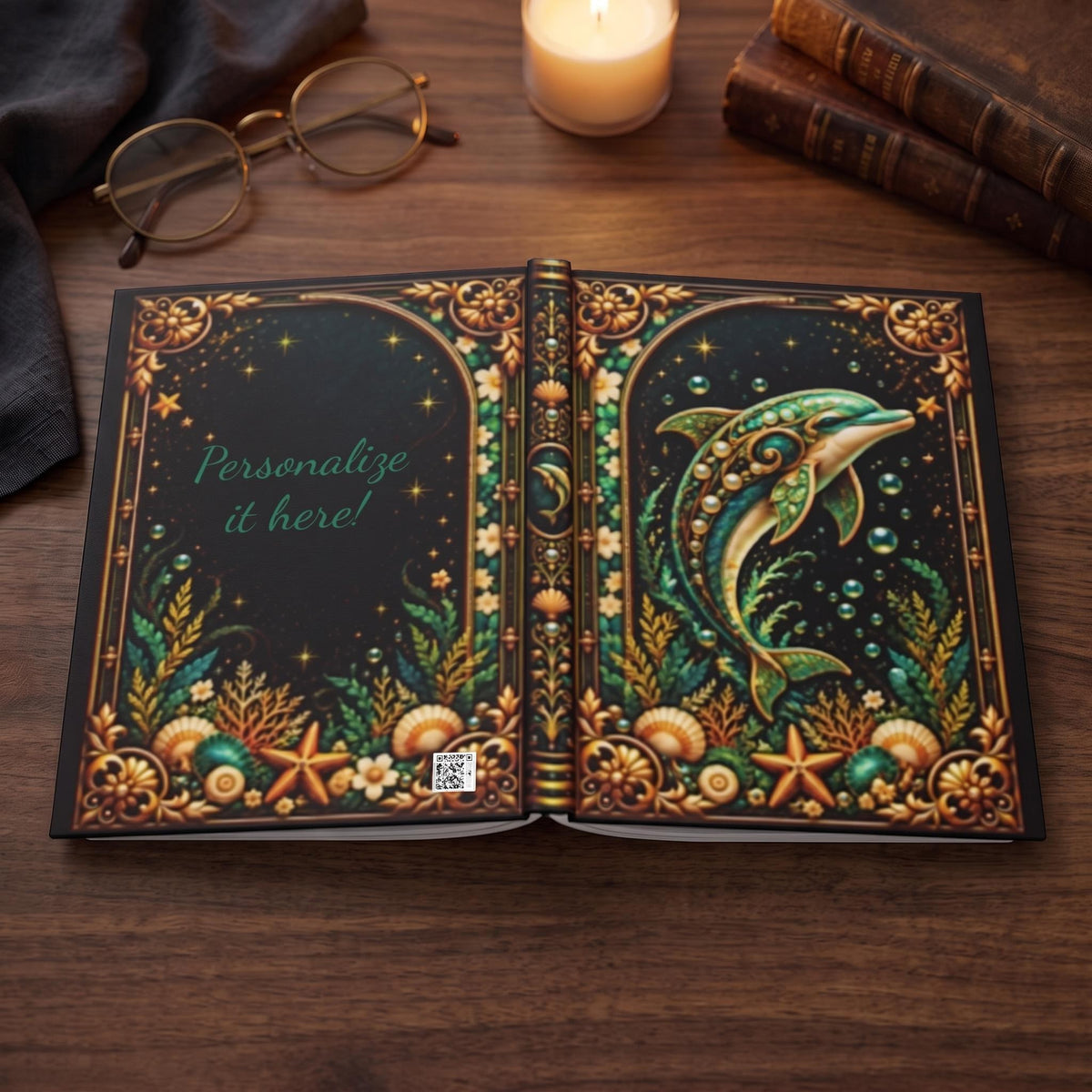 Dolphin Hardcover Journal, Personalized Ocean Notebook, Enchanted Marine Gift