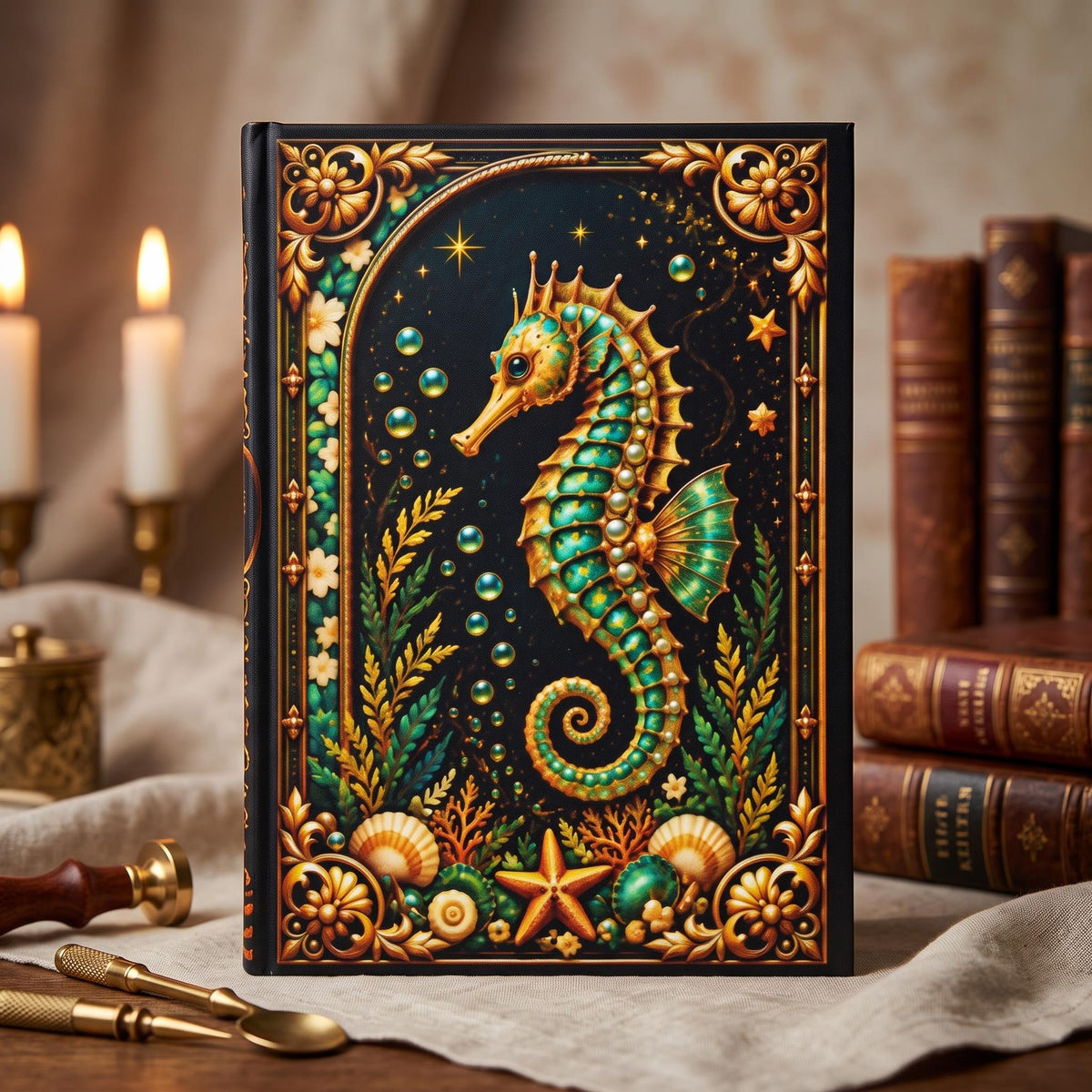 Seahorse Hardcover Journal, Personalized Ocean Notebook, Enchanted Marine Gift