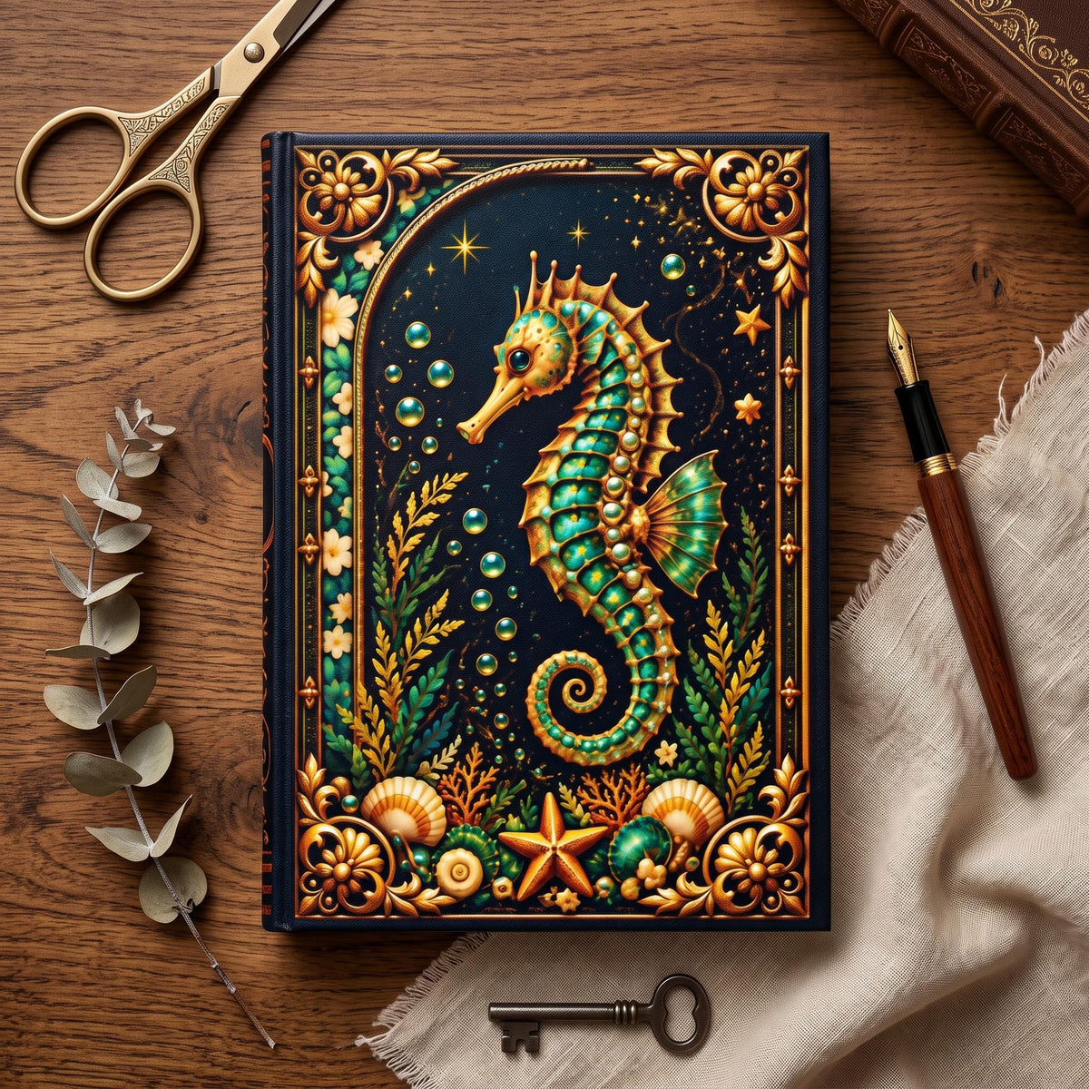 Seahorse Hardcover Journal, Personalized Ocean Notebook, Enchanted Marine Gift