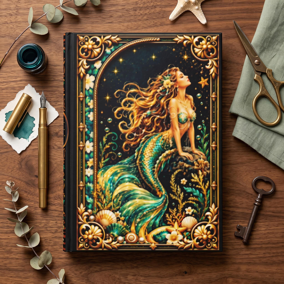 Mermaid Hardcover Journal, Personalized Ocean Notebook, Enchanted Fantasy Gift