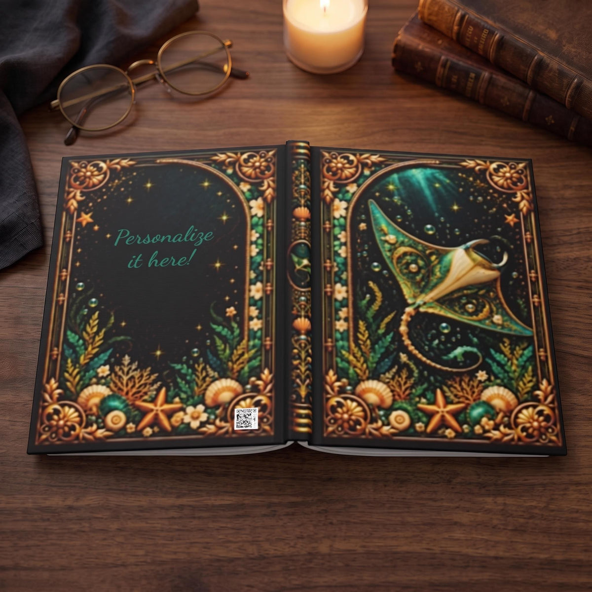 Manta Ray Hardcover Journal, Personalized Ocean Notebook, Enchanted Marine Gift