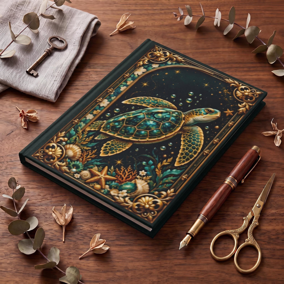 Sea Turtle Hardcover Journal, Personalized Ocean Notebook, Enchanted Marine Life Gift