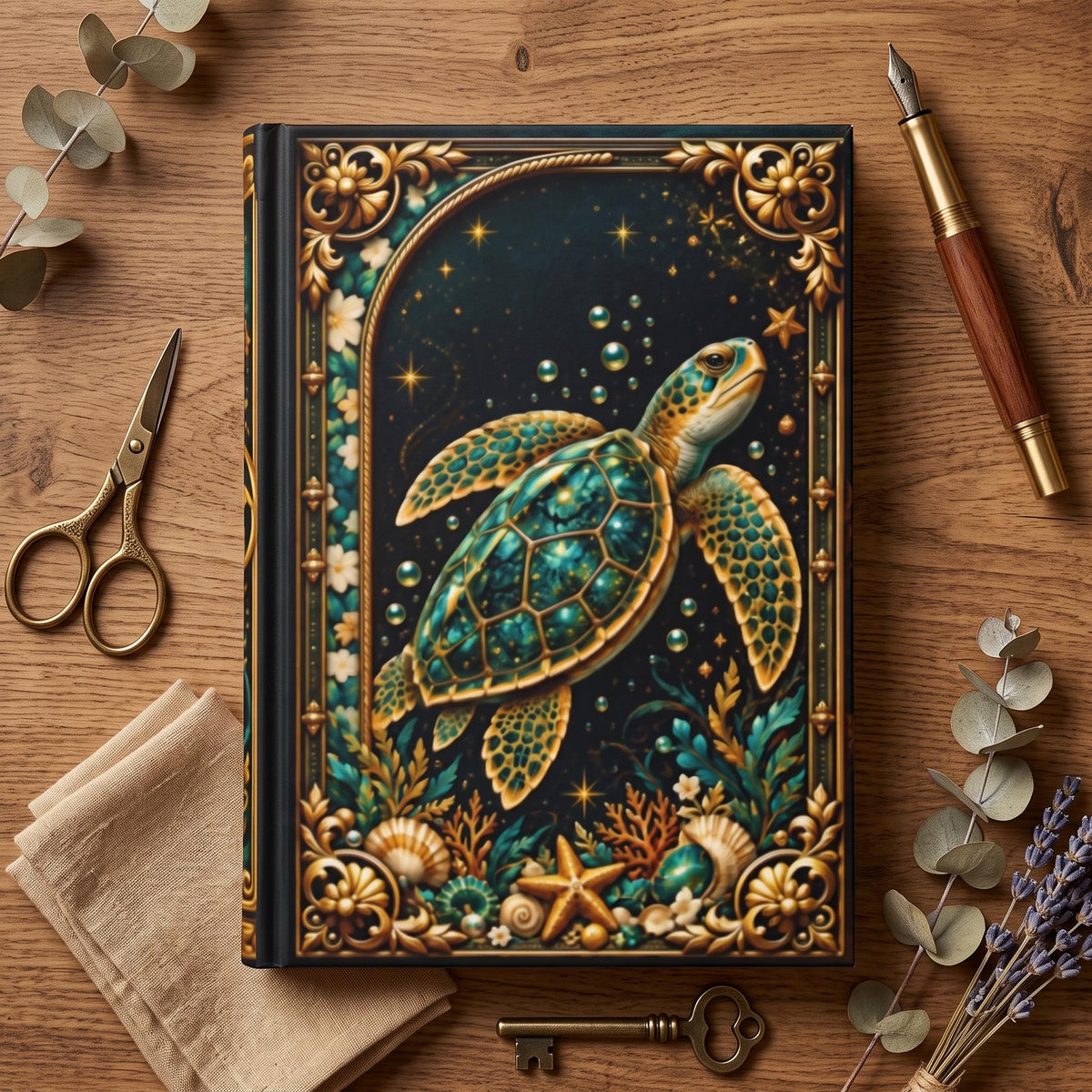 Sea Turtle Hardcover Journal, Personalized Ocean Notebook, Enchanted Marine Life Gift