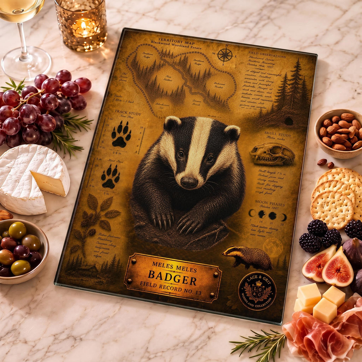Badger Tempered Glass Art, Charcuterie Serving Board, Woodland Animal Decor, Badger Art, Nature Lover Gift