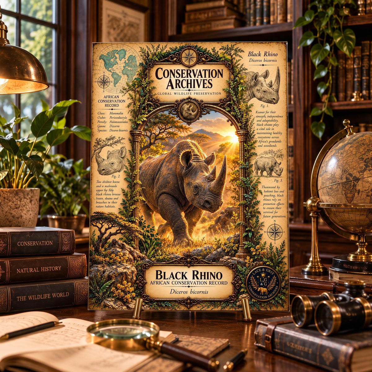 Black Rhino Tempered Glass Art Board, Conservation Archives African Wildlife Decor