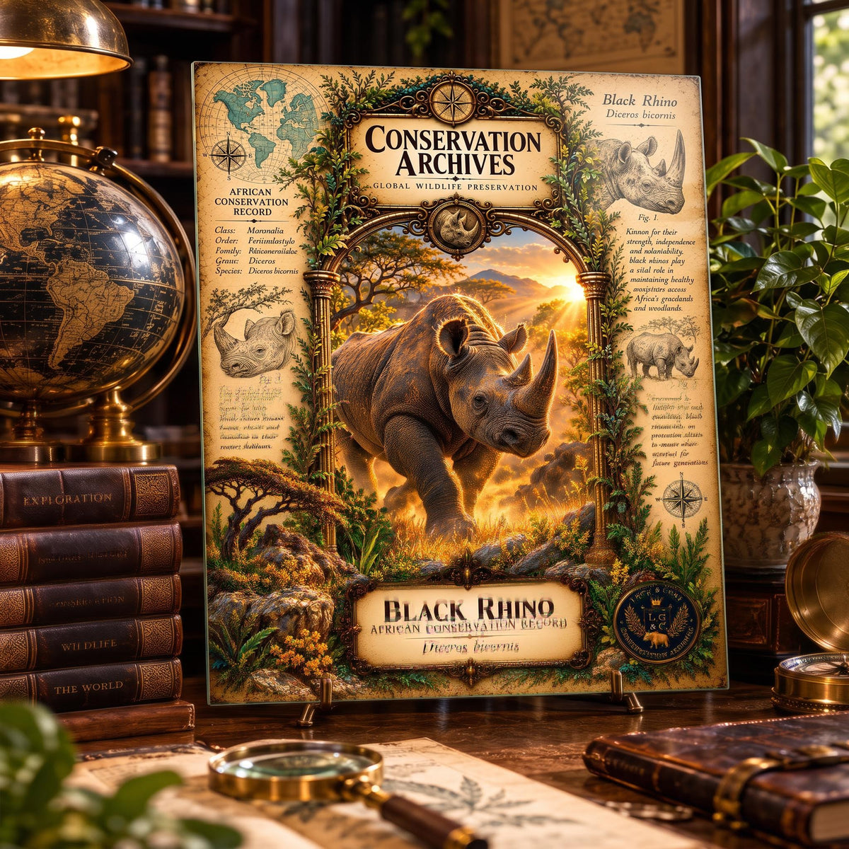 Black Rhino Tempered Glass Art Board, Conservation Archives African Wildlife Decor