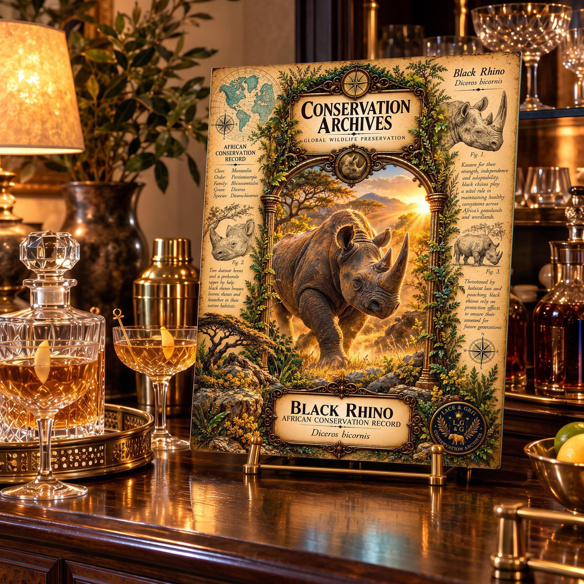 Black Rhino Tempered Glass Art Board, Conservation Archives African Wildlife Decor