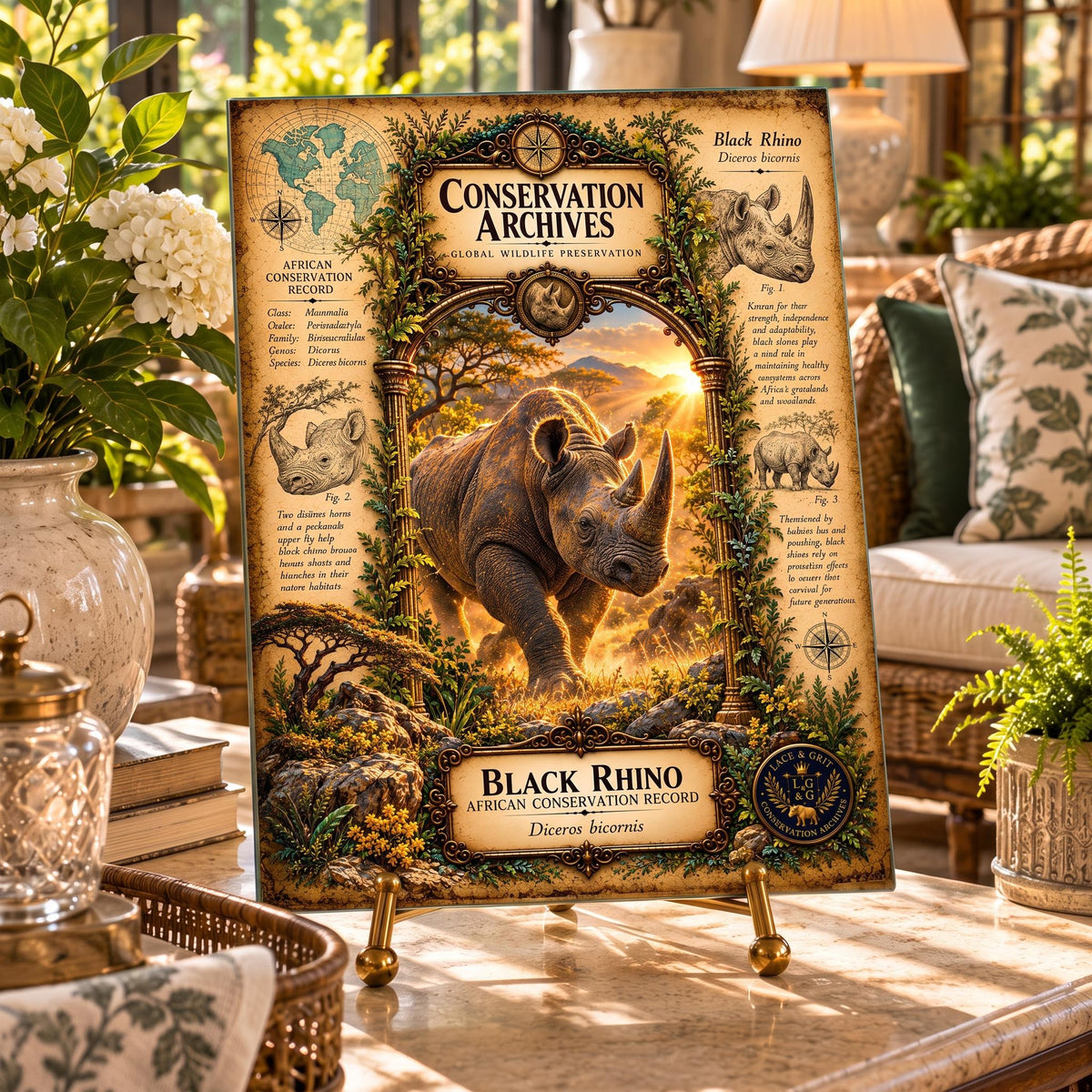 Black Rhino Tempered Glass Art Board, Conservation Archives African Wildlife Decor