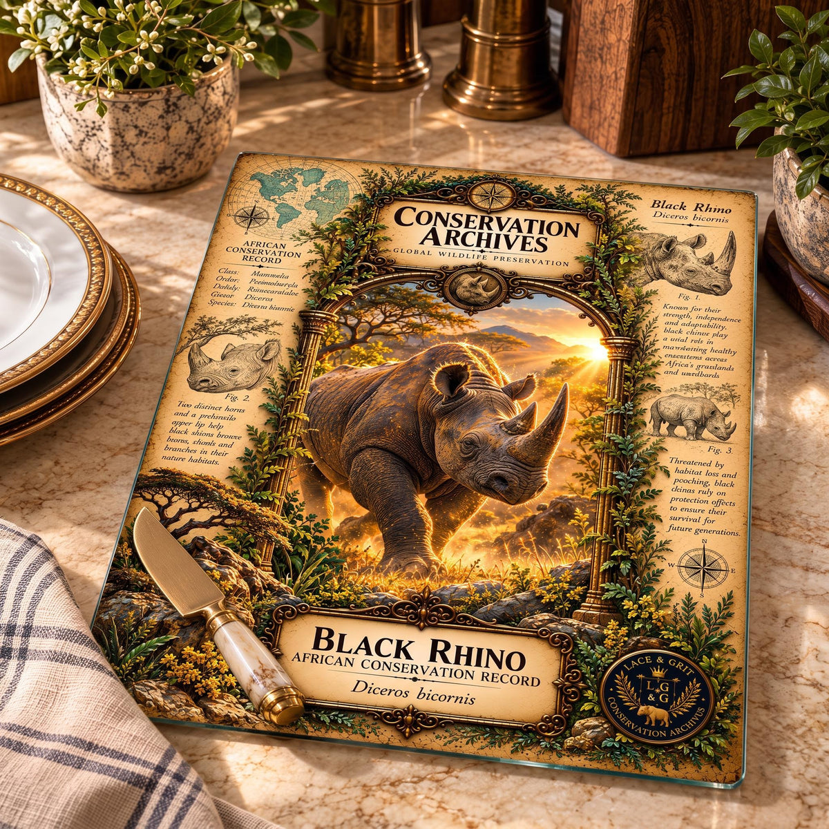Black Rhino Tempered Glass Art Board, Conservation Archives African Wildlife Decor