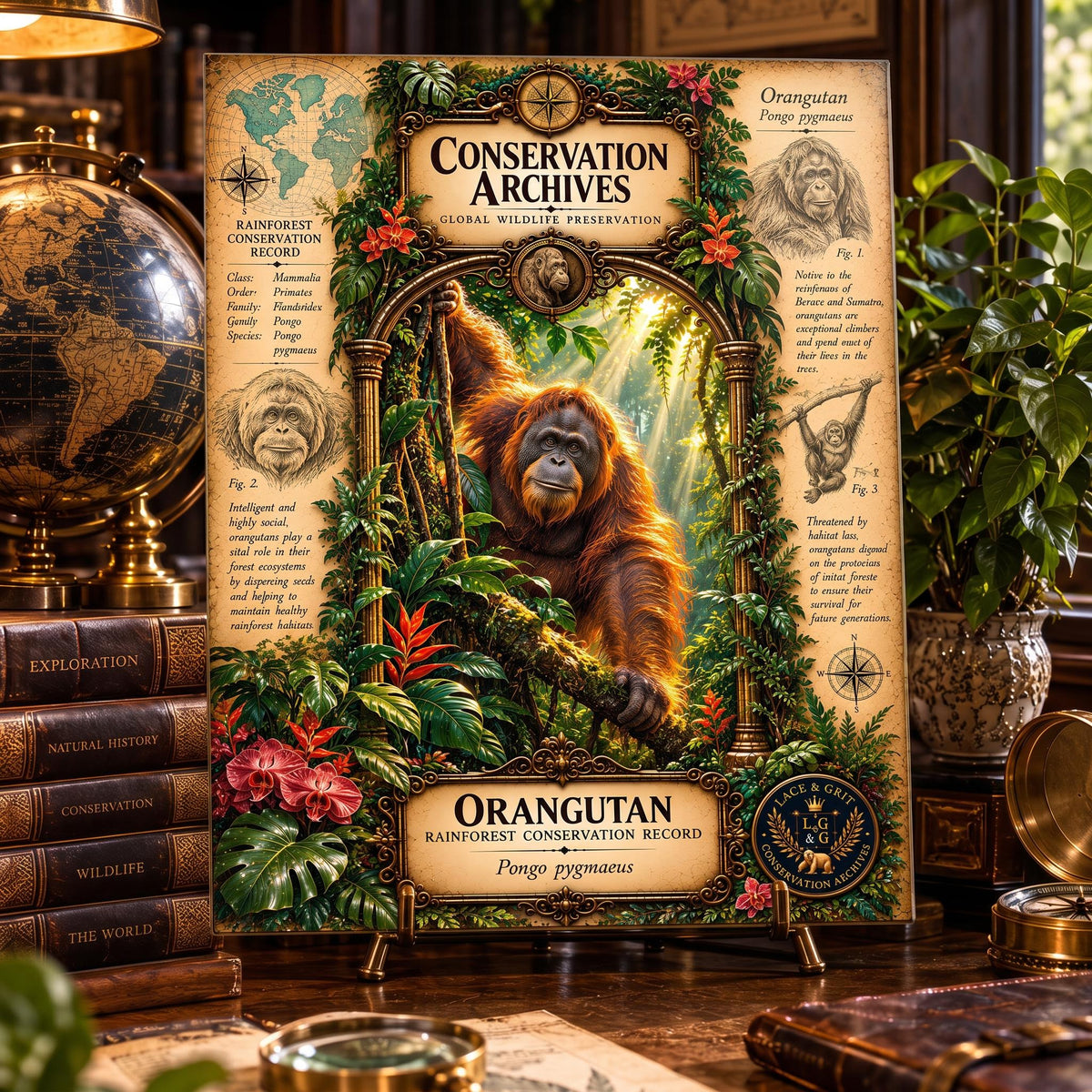 Orangutan Tempered Glass Art Board, Conservation Archives Rainforest Wildlife Decor