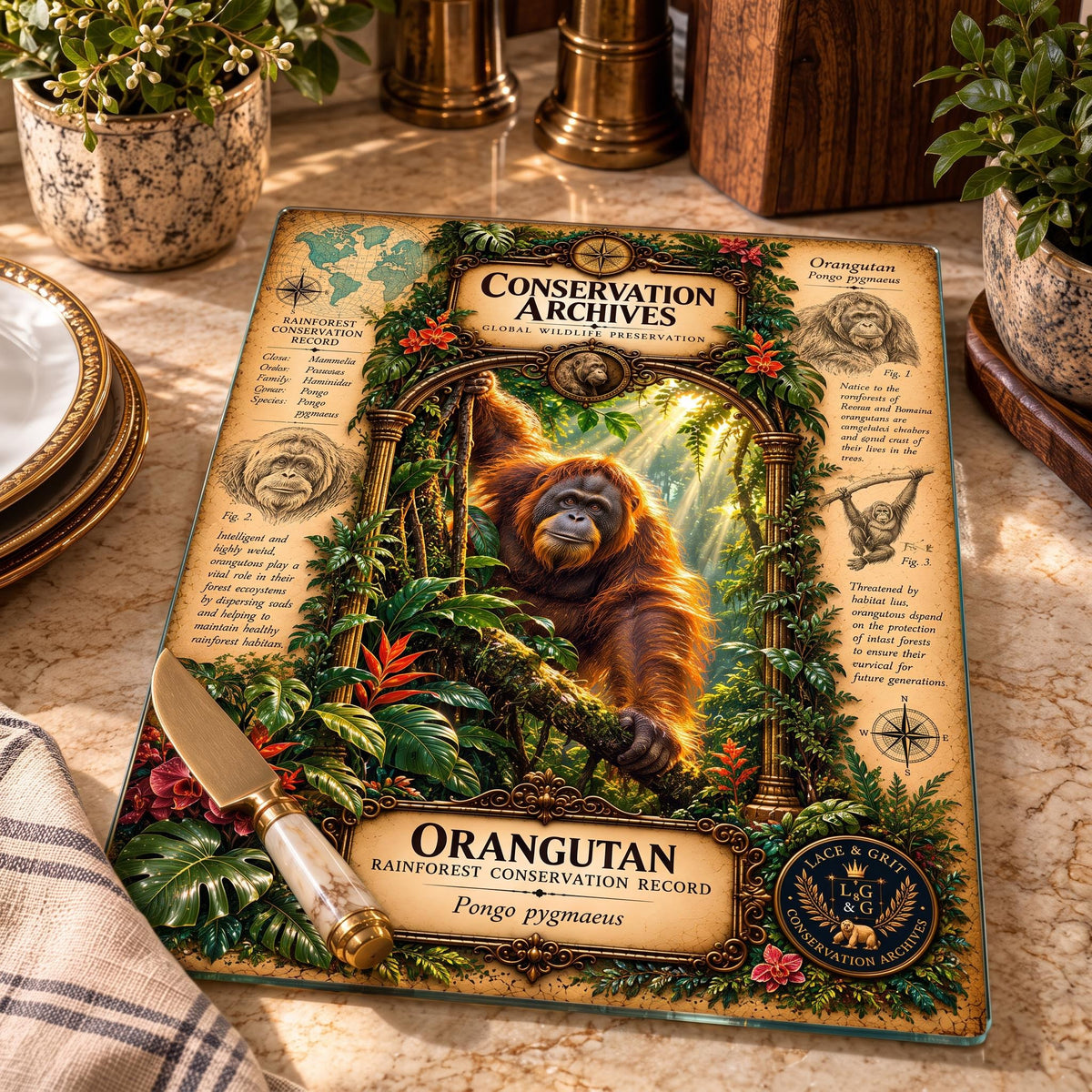 Orangutan Tempered Glass Art Board, Conservation Archives Rainforest Wildlife Decor