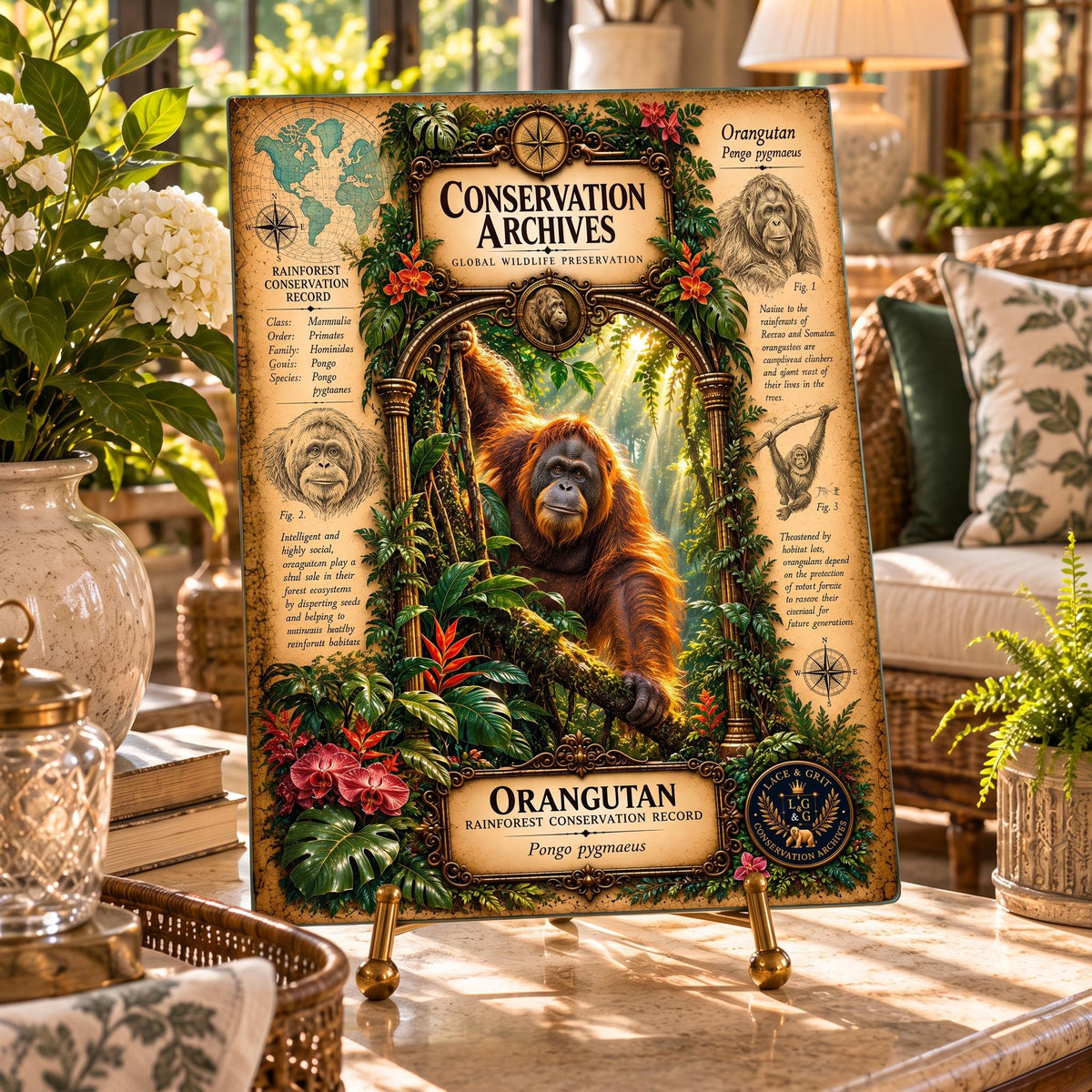 Orangutan Tempered Glass Art Board, Conservation Archives Rainforest Wildlife Decor