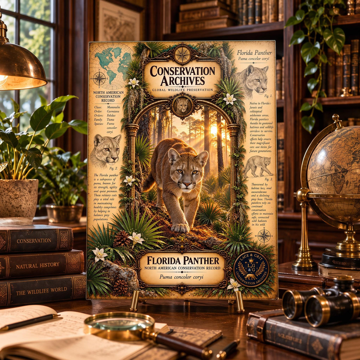 Florida Panther Tempered Glass Art Board, Conservation Archives Florida Wildlife Decor