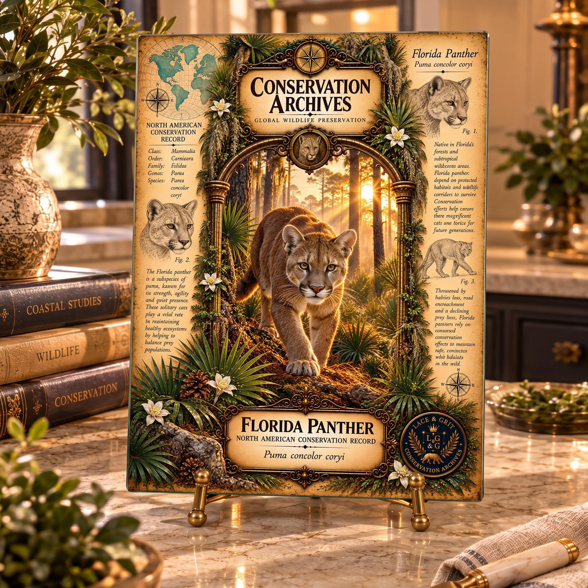 Florida Panther Tempered Glass Art Board, Conservation Archives Florida Wildlife Decor