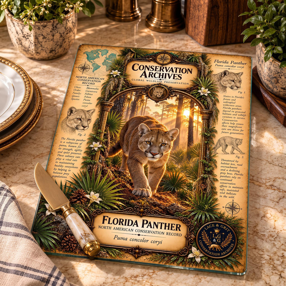 Florida Panther Tempered Glass Art Board, Conservation Archives Florida Wildlife Decor