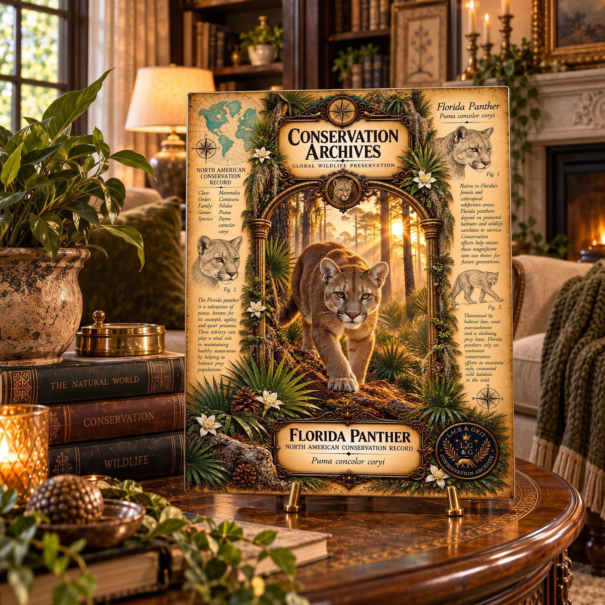 Florida Panther Tempered Glass Art Board, Conservation Archives Florida Wildlife Decor