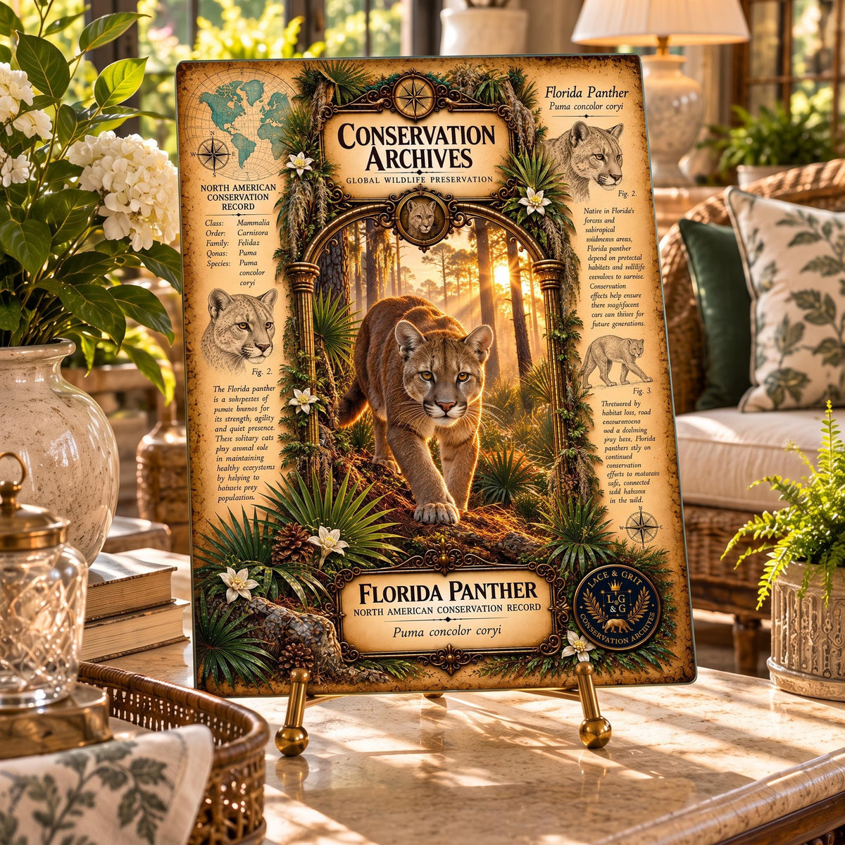 Florida Panther Tempered Glass Art Board, Conservation Archives Florida Wildlife Decor