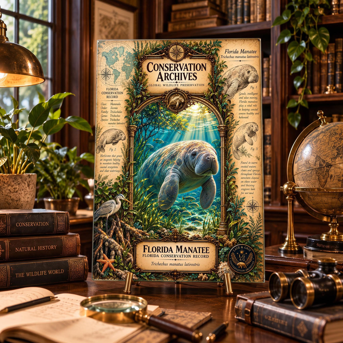 Florida Manatee Tempered Glass Art Board, Conservation Archives Marine Wildlife Decor