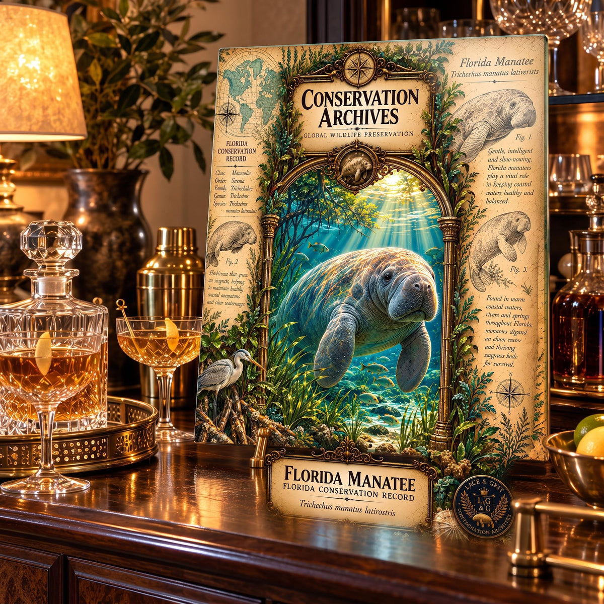 Florida Manatee Tempered Glass Art Board, Conservation Archives Marine Wildlife Decor