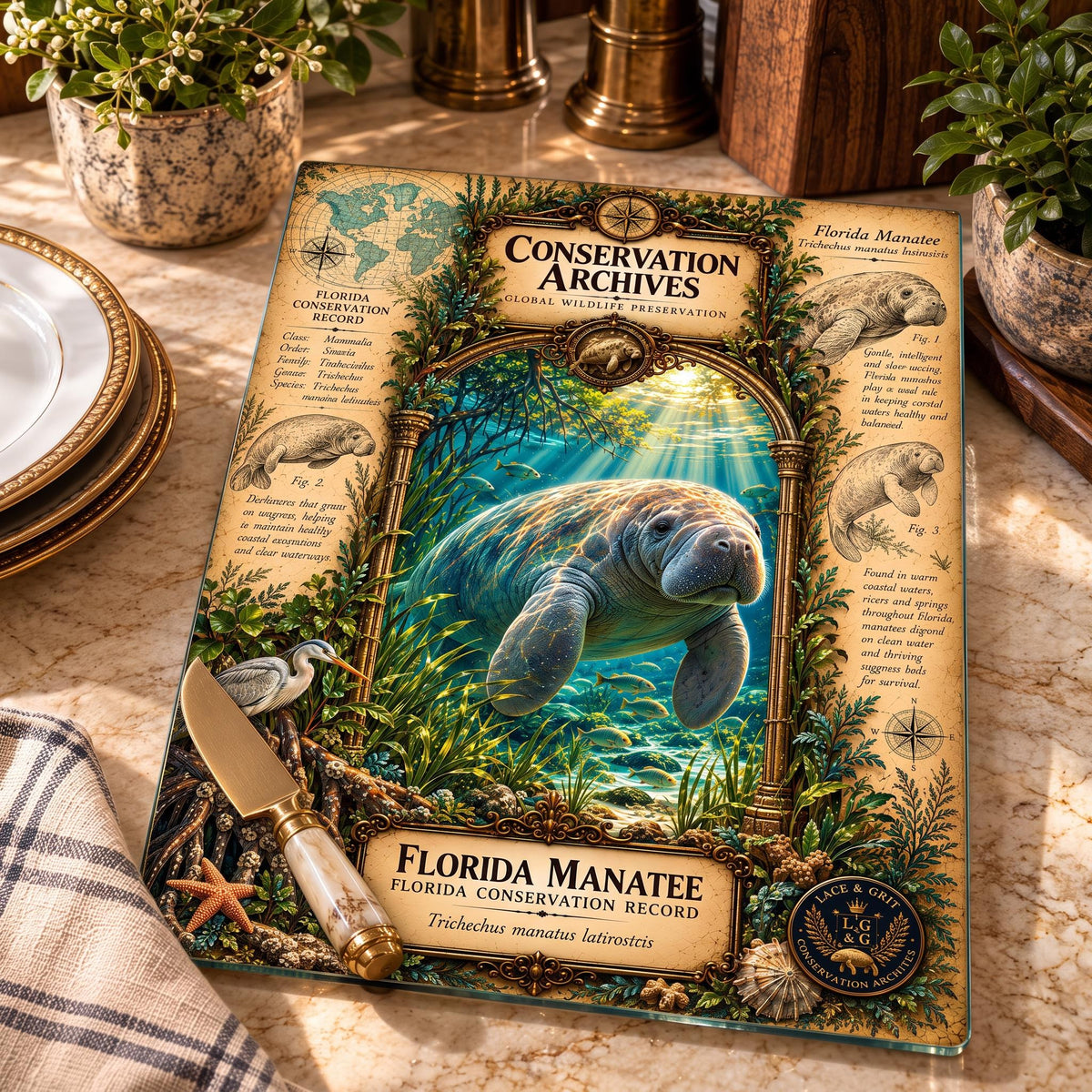 Florida Manatee Tempered Glass Art Board, Conservation Archives Marine Wildlife Decor