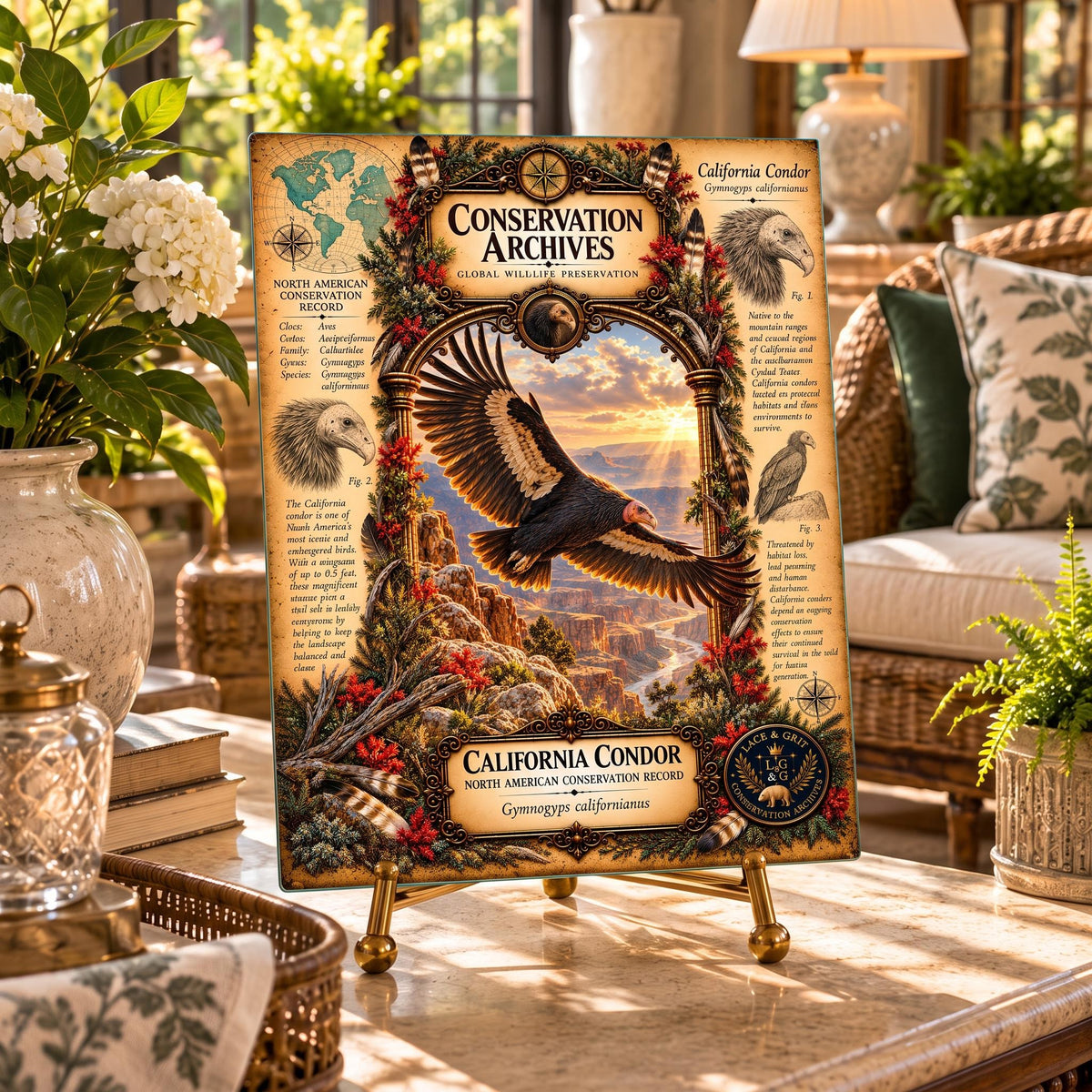 California Condor Tempered Glass Art Board, Conservation Archives Wildlife Decor