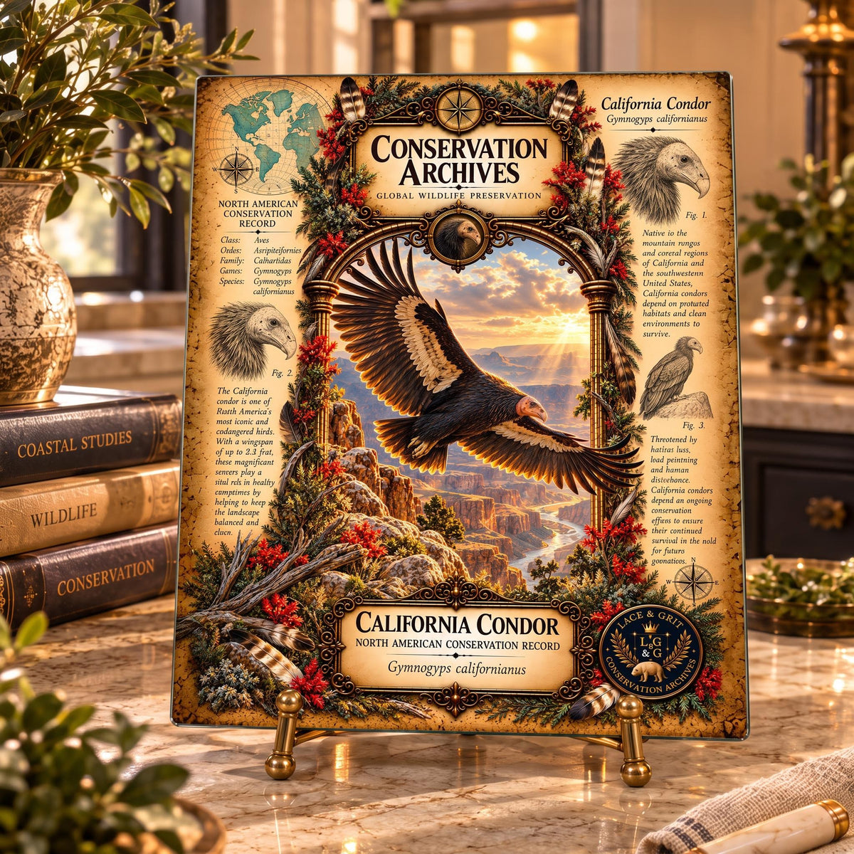 California Condor Tempered Glass Art Board, Conservation Archives Wildlife Decor