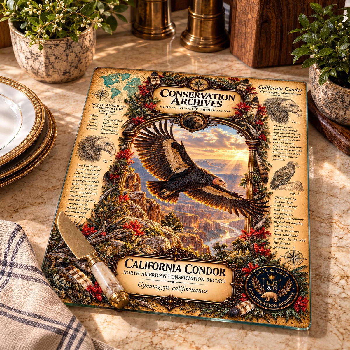 California Condor Tempered Glass Art Board, Conservation Archives Wildlife Decor